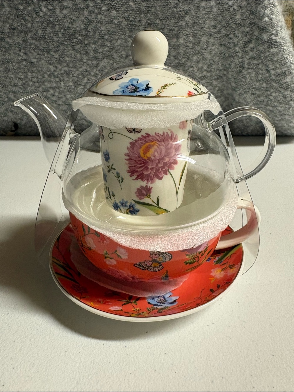 Grace Teaweare Floral Ceramic and Glass Teapot with Red Floral Teacup Set